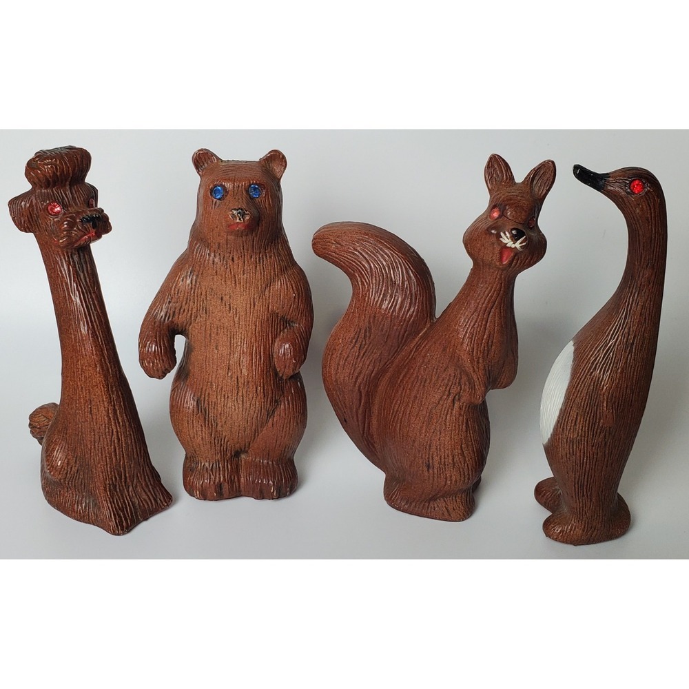 Vintage‎ MCM Plastic Faux Wood Rhinestone Animals Squirrel Penguin Poodle Bear